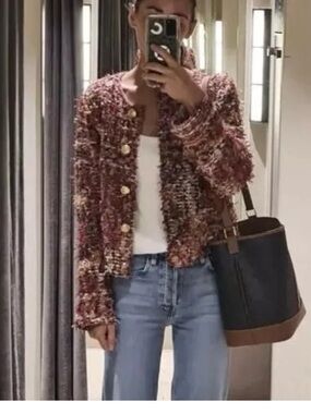Zara Multicolor Tweed Boucle Jacket with Gold Buttons Size Small
